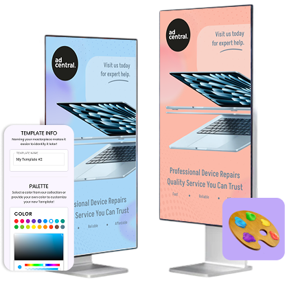 Two customizable AdCentral TV static templates with the template editor